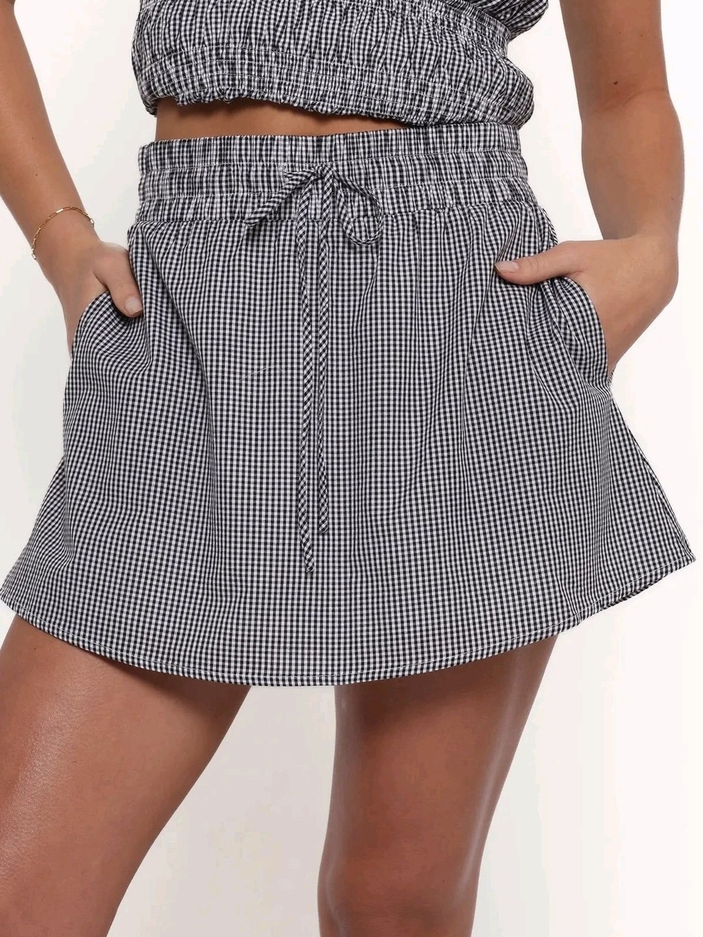 Petal & Pup Black and White Gingham Drawstring Mini Skirt